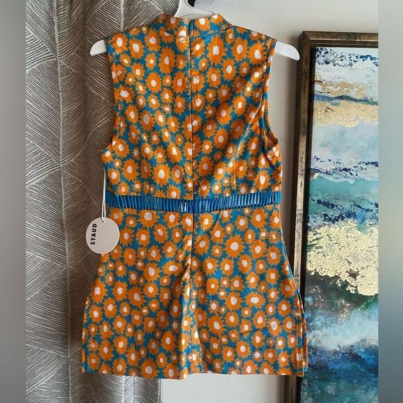 STAUD Atlas Top Sleeveless Orange Blue Daisy Linen Cotton Blend Shirt Sz 0 NWT - Picture 4 of 17